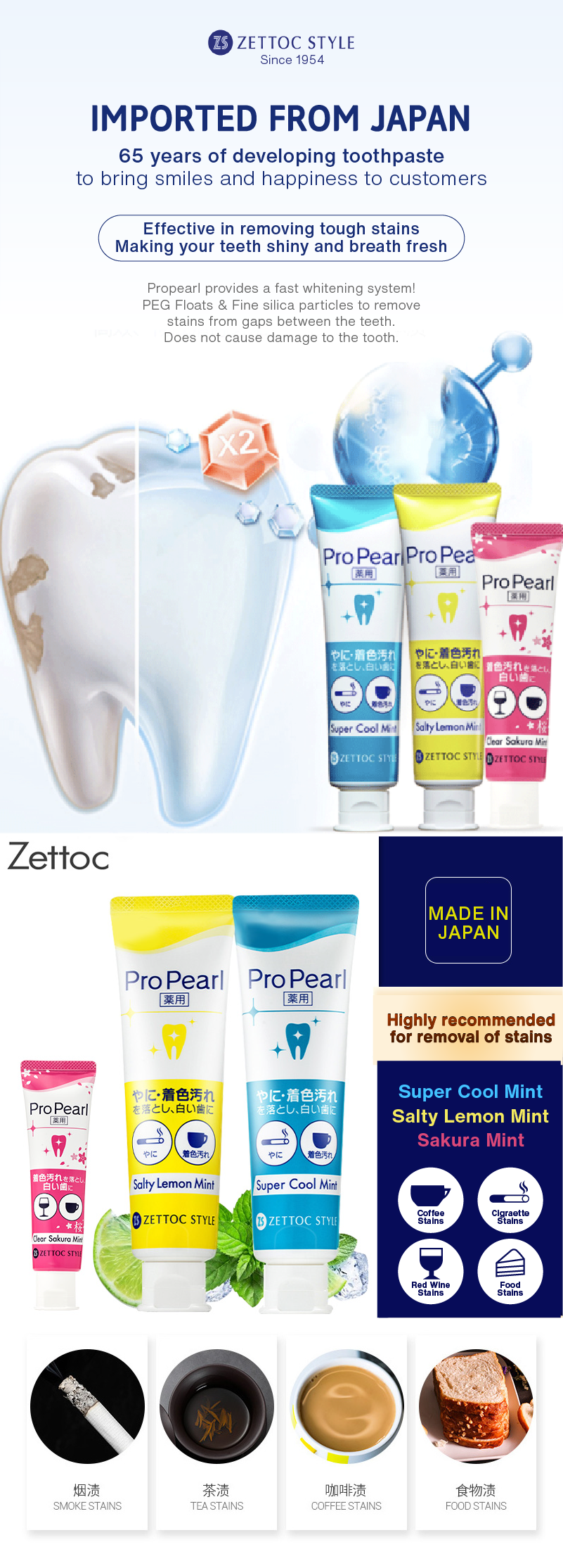 Nippon Zettoc Propearl Toothpaste (Salty Lemon/Super Cool Mint/Sakura Mint)
